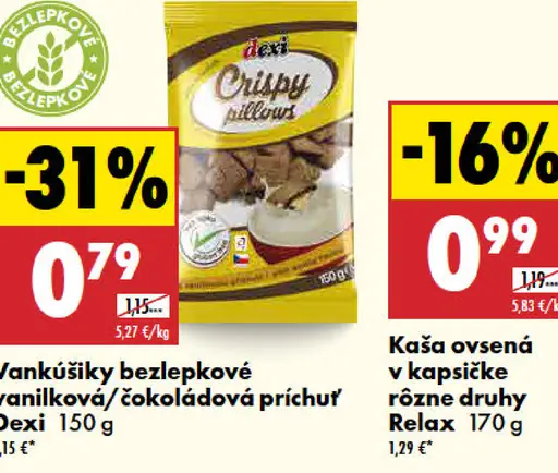 Dexi Crispy pillows vankúšiky bezlepkové vanilková/čokoládová príchuť