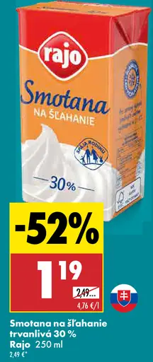 Rajo Smotana na šľahanie trvanlivá 30%
