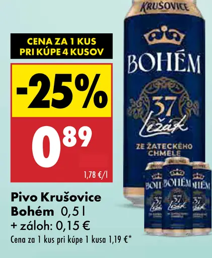 Krušovice Bohém pivo ležák plechovka
