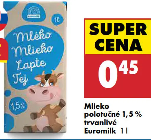 Mlieko polotučné trvanlivé Euromilk 1,5 %
