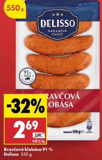Delisso bravčová klobása 91 % mäsa