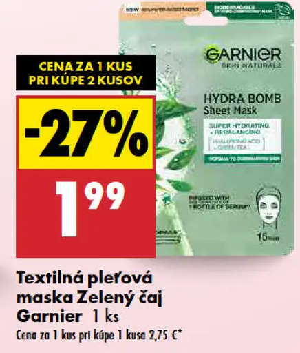 Garnier textilná pleťová maska zelený čaj