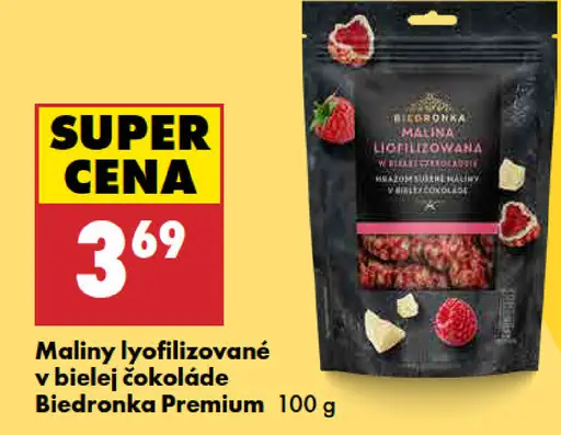 Biedronka Premium maliny lyofilizované v bielej čokoláde