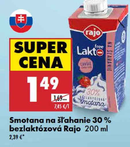 Rajo Lakto free smotana na šľahanie 30 % bezlaktózová