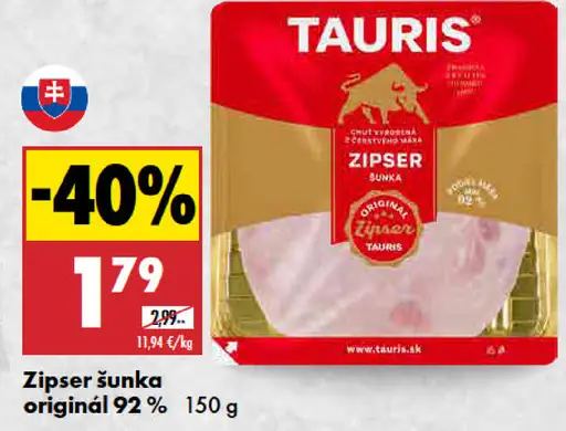 Tauris Zipser šunka originál 92 % mäsa