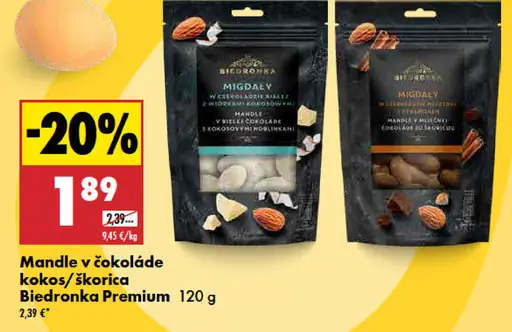 Biedronka Premium mandle v čokoláde kokos alebo škorica