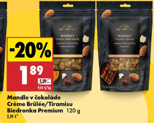 Biedronka Premium mandle v čokoláde crème brûlée alebo tiramisu