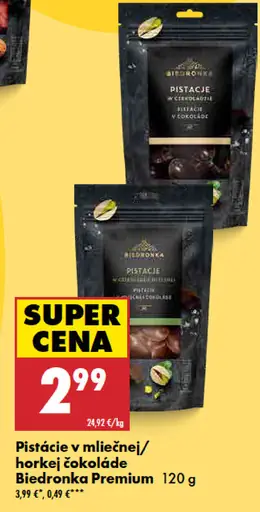 Biedronka Premium pistácie v mliečnej alebo horkej čokoláde