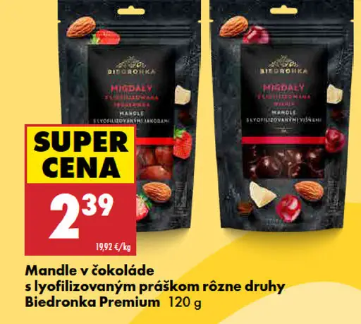 Biedronka Premium mandle v čokoláde s lyofilizovaným práškom rôzne druhy