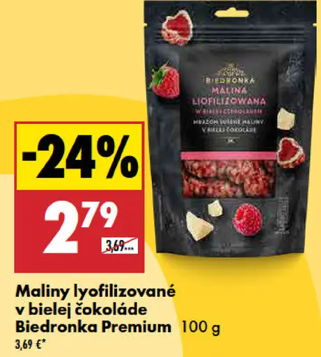 Biedronka Premium maliny lyofilizované v bielej čokoláde
