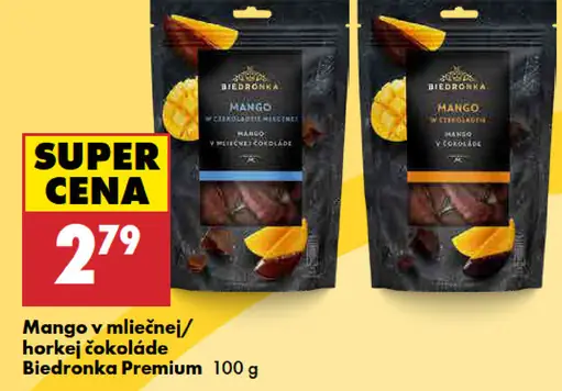Biedronka Premium mango v mliečnej alebo horkej čokoláde