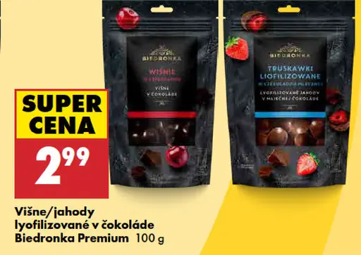 Biedronka Premium višne alebo jahody lyofilizované v čokoláde
