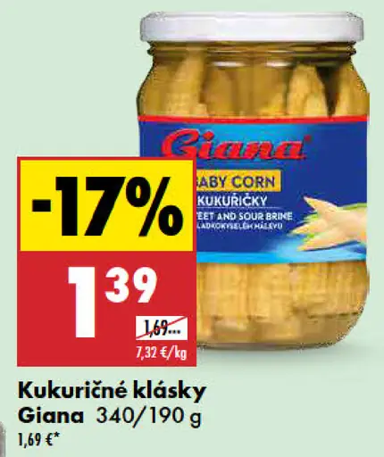 Giana kukuričné klásky baby corn v náleve