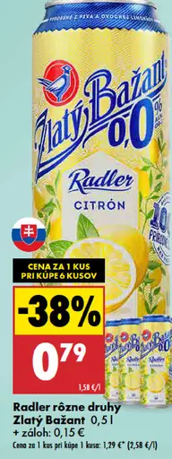 Zlatý Bažant Radler 0,0% citrón baza mäta