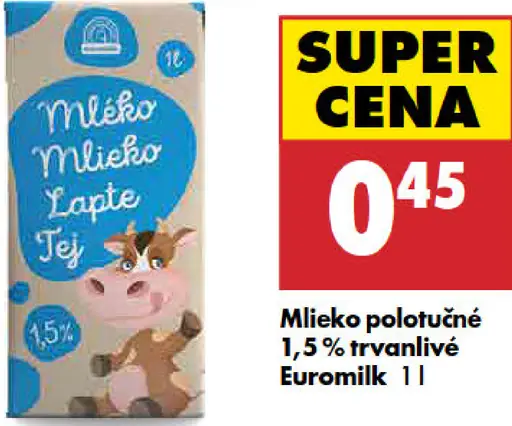 Mlieko polotučné trvanlivé Euromilk 1,5 %