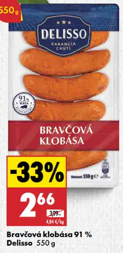 Delisso bravčová klobása 91 % mäsa