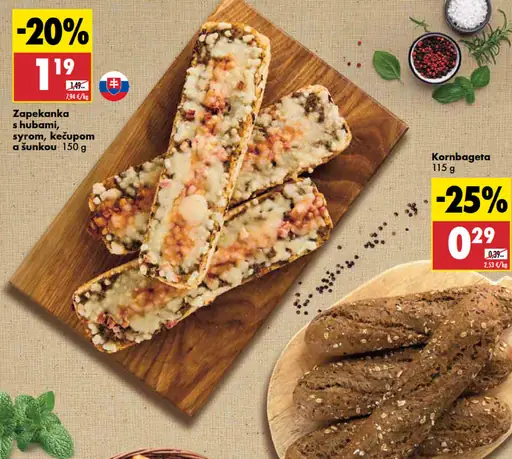 Zapekaná bageta s hubami, syrom, kečupom a šunkou