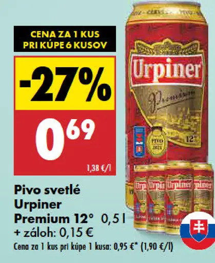 Urpiner Premium 12° svetlé pivo plechovka