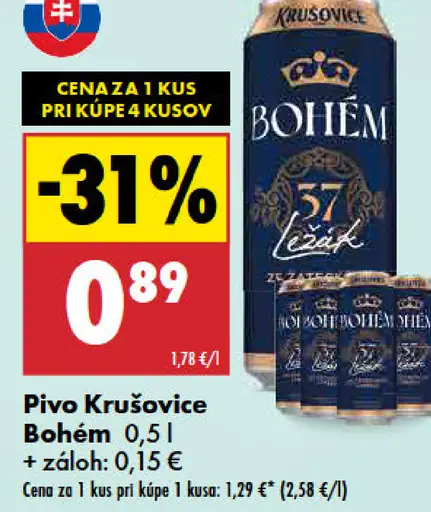 Krušovice Bohem 5,7 % ležiak pivo plechovka