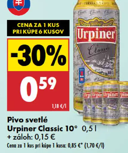 Urpiner Classic 10° pivo výčapné svetlé plechovka