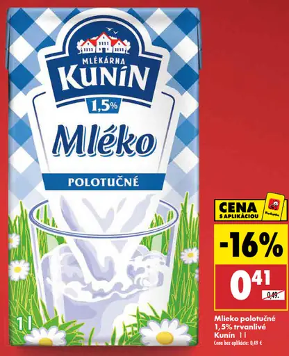 Kunin mlieko polotučné 1,5 % trvanlivé