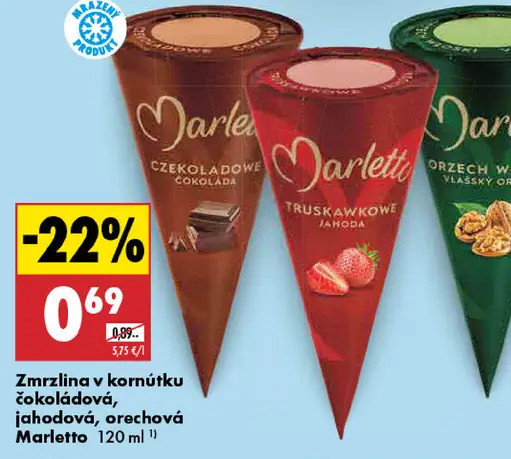 Marletto Zmrzlina v kornútku čokoládová/jahodová/orechová