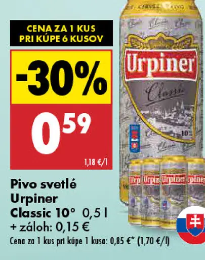 Pivo svetlé Urpiner Classic 10° plechovka