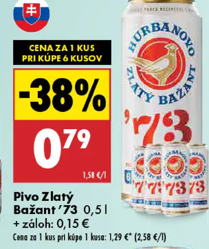 Zlatý Bažant '73 pivo svetlý ležiak plechovka