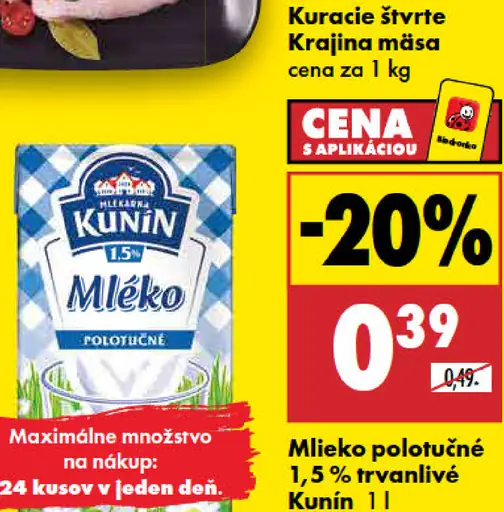 Kunin mlieko polotučné 1,5 % trvanlivé