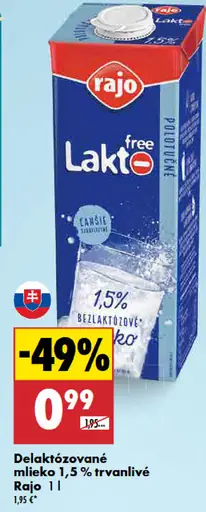Rajo Laktó free mlieko polotučné bezlaktózové 1,5 %