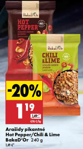 BakaD’Or arašidy pikantné Hot Pepper a Chili & Lime