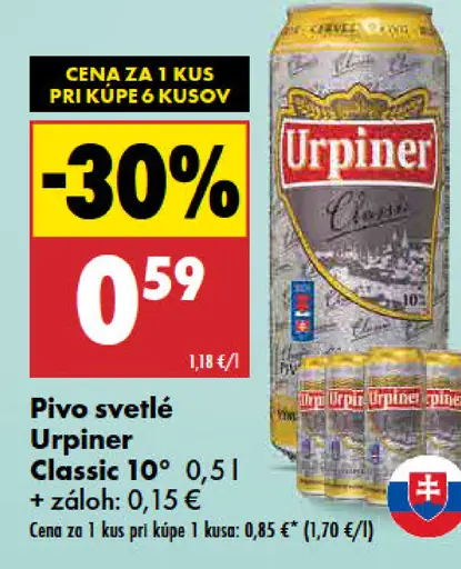 Urpiner Classic 10° pivo výčapné svetlé plechovka