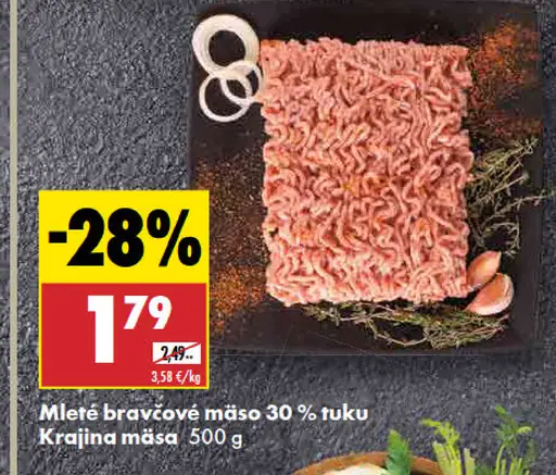 Krajina mäsa Mleté bravčové mäso 30 % tuku