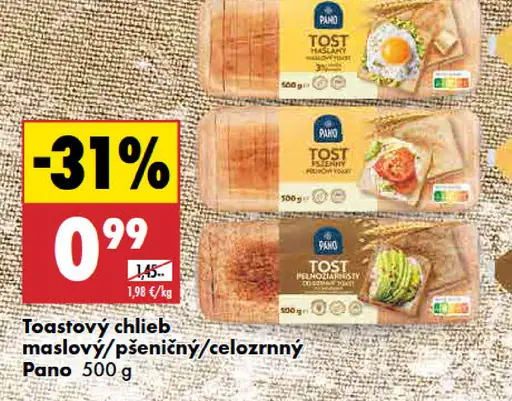 Pano toastový chlieb maslový / pšeničný / celozrnný