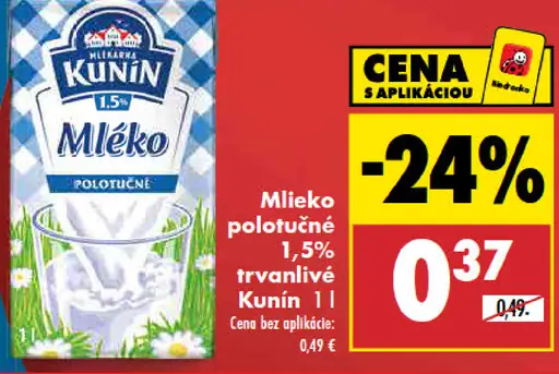 Mlieko polotučné 1,5 % trvanlivé Kunín