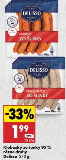 Klobásky zo šunky 95% rôzne druhy Delisso