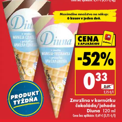 Diuna zmrzlina v kornútku čokoláda/jahoda
