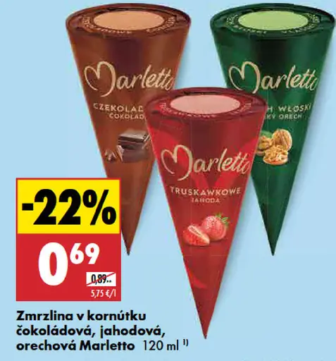 Marletto Zmrzlina v kornútku čokoládová/jahodová/orechová