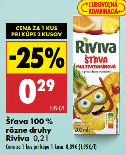 Šťava 100 % rôzne druhy Riviva