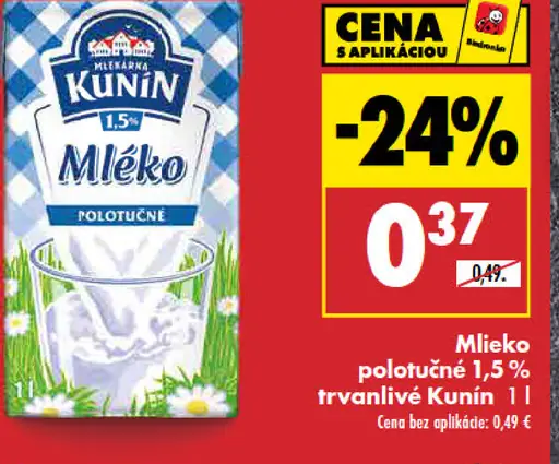 Mlieko polotučné 1,5 % trvanlivé Kunín