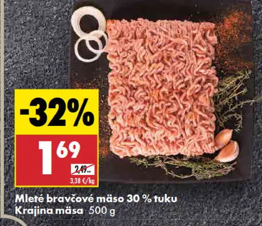 Krajina mäsa Mleté bravčové mäso 30 % tuku