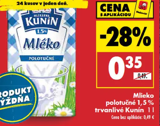 Mlieko polotučné trvanlivé Kunín
