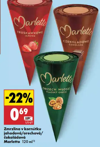 Marletto Zmrzlina v kornúku čokoládová, jahodová, orechová