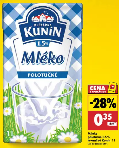 Kunin mlieko polotučné 1,5 % trvanlivé