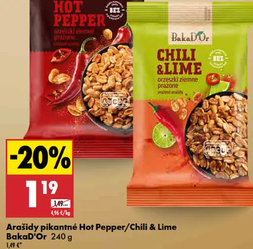 BakaD’Or arašidy pikantné Hot Pepper a Chili & Lime