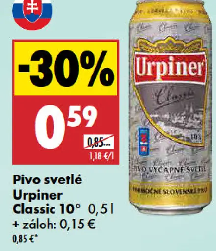 Urpiner Classic 10° pivo výčapné svetlé plechovka