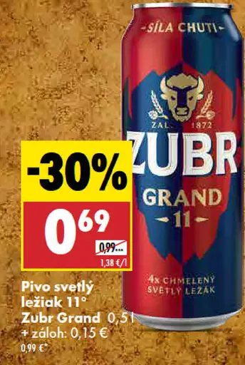 Zubr Grand svetlý ležiak 11° plechovka