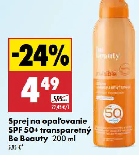 Transparentný sprej na opaľovanie SPF 50+ Be Beauty