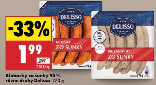 Klobásky zo šunky 95% rôzne druhy Delisso