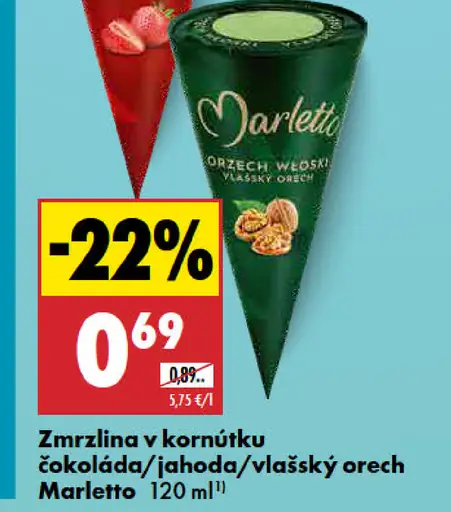 Marletto zmrzlina v kornútku, čokoláda, jahoda a vlašský orech